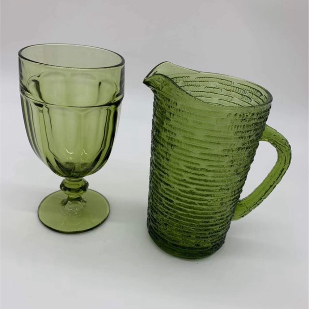 MCM 6.5” Avocado Green Vintage Anchor Hocking Pitcher + Green Libby Goblet